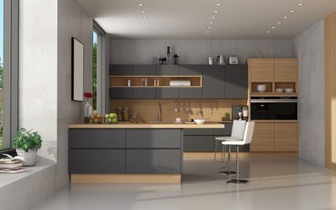 Modern black and wooden kitchen with island - 3d rendering