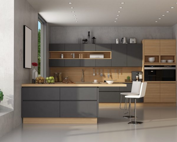 Modern black and wooden kitchen with island - 3d rendering