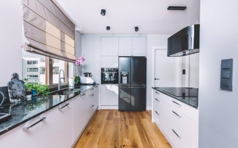 Modern kitchen interior design. Wooden floor and quartzite tabletop